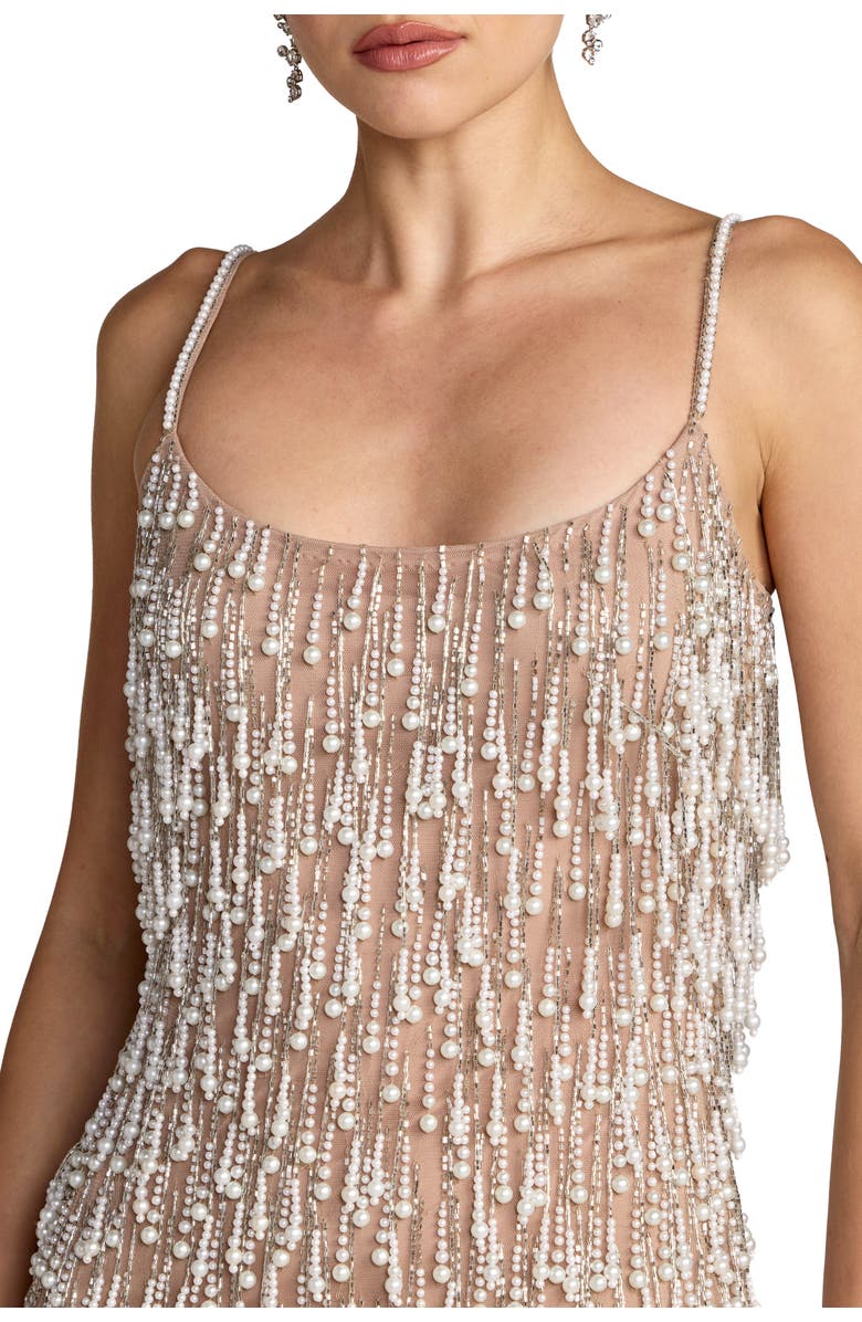 Mac Duggal Beaded Fringe Mini Dress with Spaghetti Straps, Alternate, color, Ivory Nude