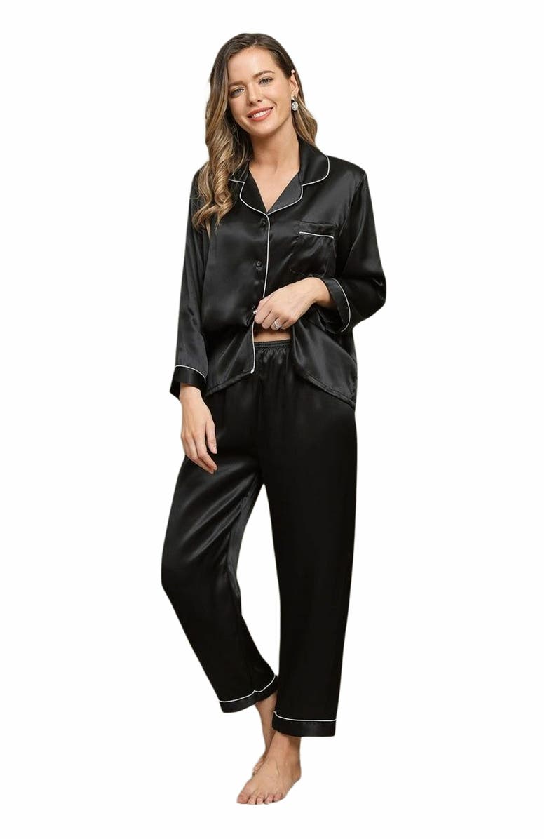 SILKSILKY Binding Trim Long Sleeve Pure Silk Pajamas Set, Main, color,