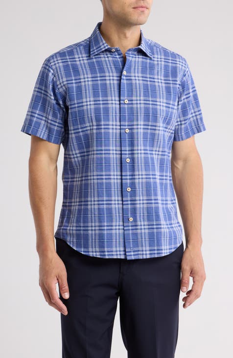 Plaid Poplin Casual Short Sleeve Cotton Button-Up Shirt