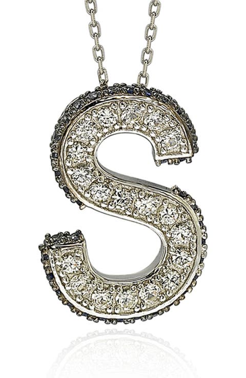 Sterling Silver Lab Created White & Blue Sapphire Accent Initial Pendant Necklace