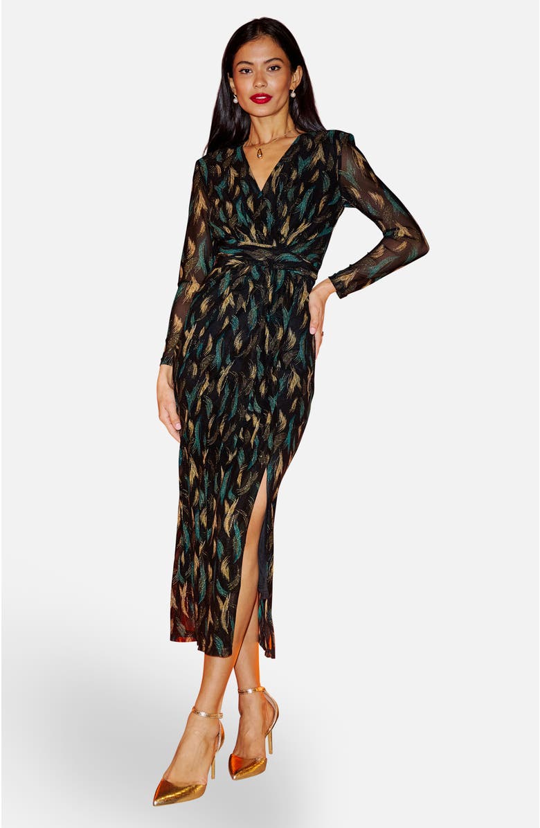 Yumi Metallic Sparkle Mesh Wrap Midi Dress, Main, color, Black