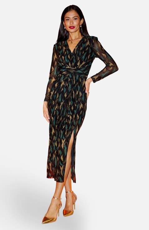 Metallic Sparkle Mesh Wrap Midi Dress