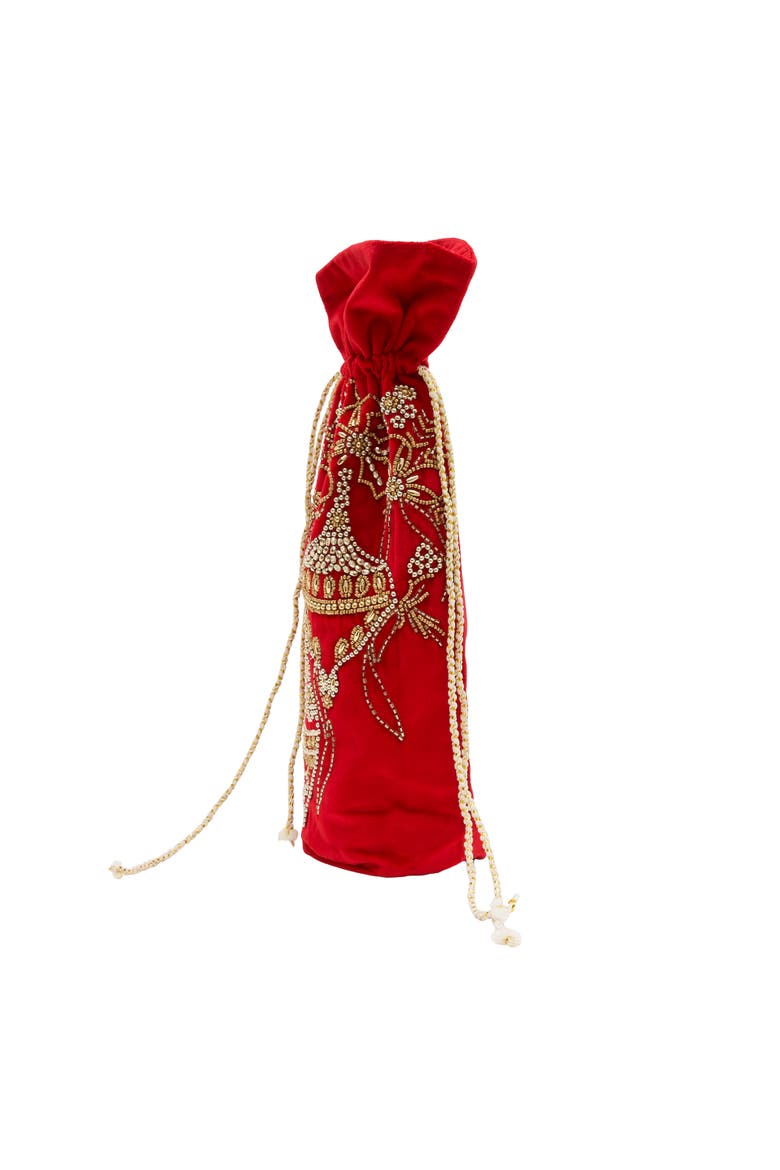 Red Christmas Ornaments Hand Beaded Embroidered Gift Wine Bag 15", Alternate, color, Red