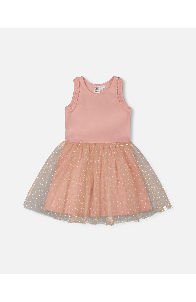 Deux par Deux Little Girl's Bi-Material Dress With Printed Dots On Mesh Skirt Warm Old Pink, Main, color,