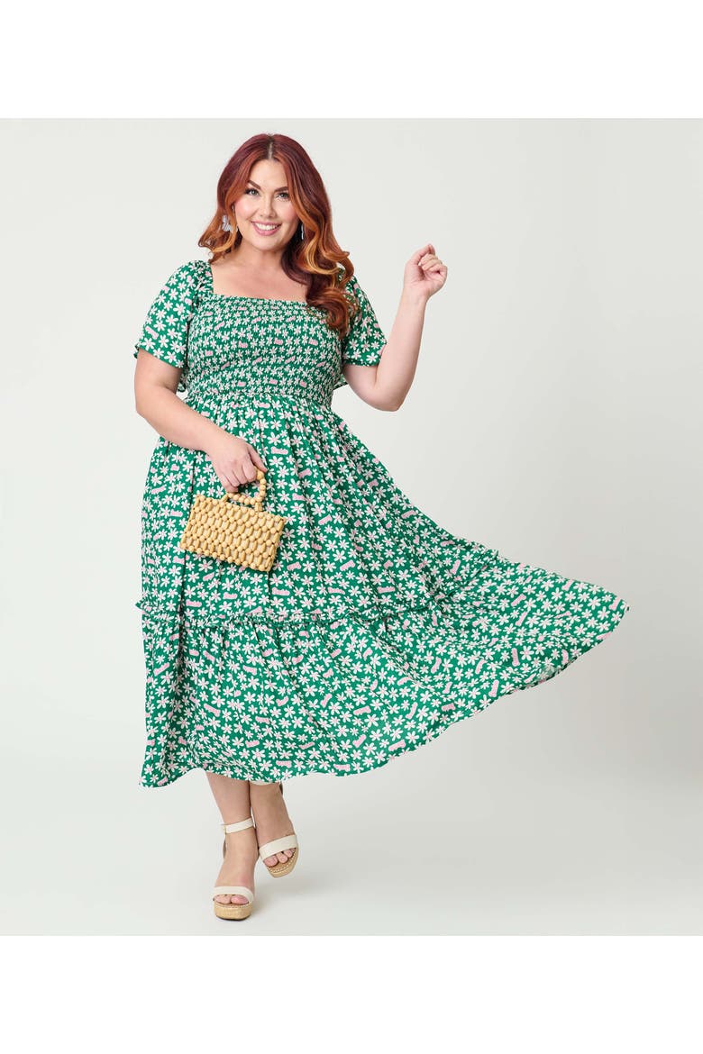Plus Size Smocked Bodice Midi Dress, Main, color, Green Ditsy Floral