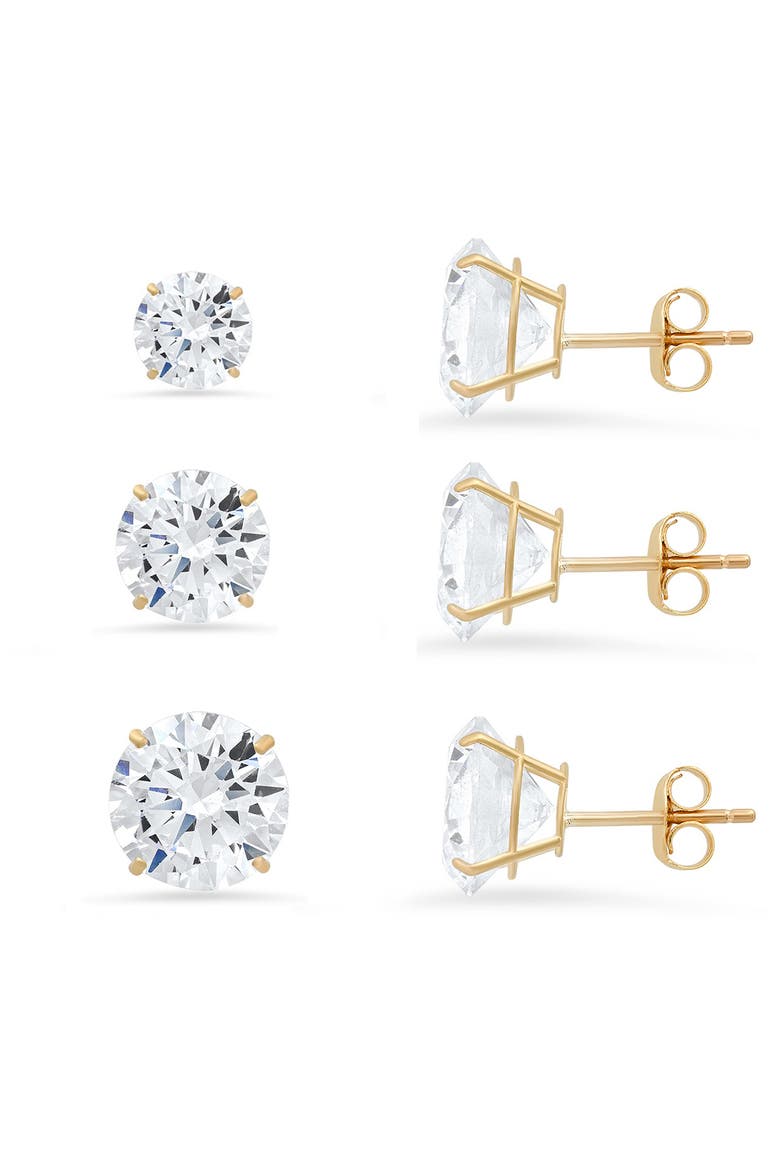 Set of 3 Round Cubic Zirconia Stud Earrings, Main, color, GOLD