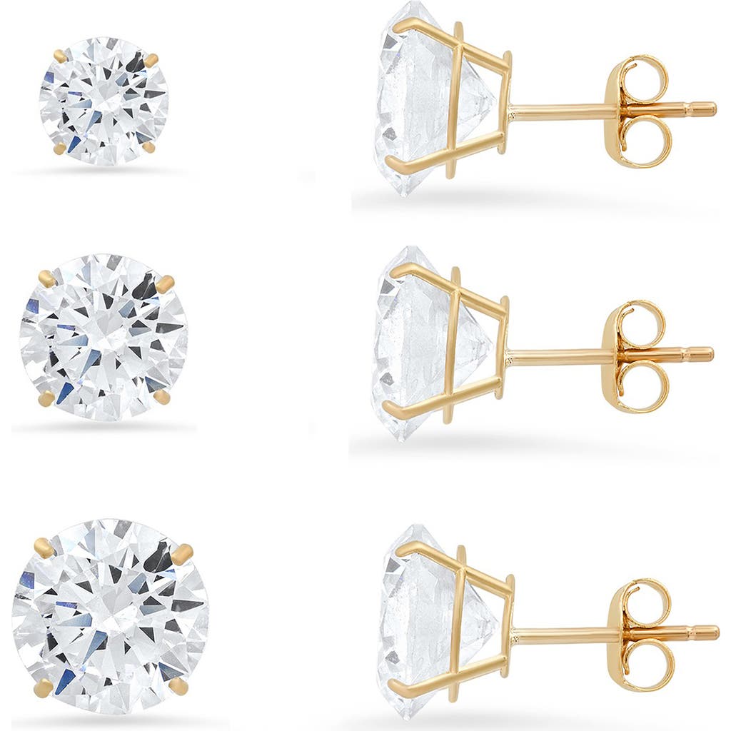 Queen Jewels Set Of 3 Round Cubic Zirconia Stud Earrings In Gold