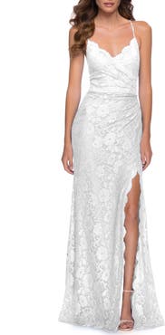 La Femme Lace Long Dress with Scallop Detail on Skirt Slit