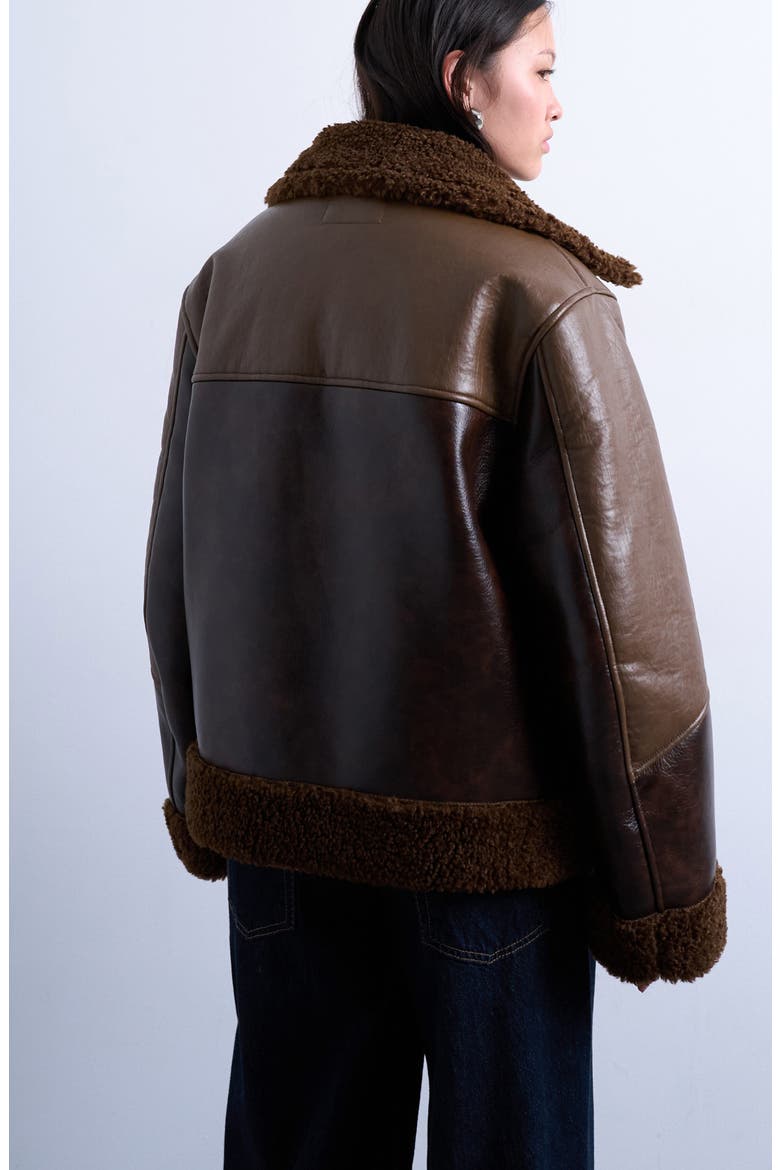 Faux Shearling & Faux Leather Patchwork Jacket, Alternate, color, BROWN