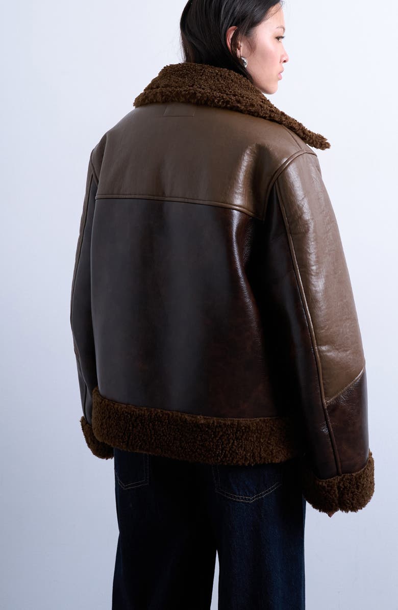 Topshop Faux Shearling & Faux Leather Patchwork Jacket, Alternate, color, Brown