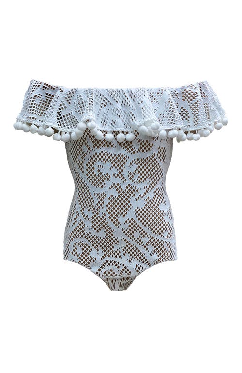 Nessi Byrd Pom-pom Trim Crochet One-piece Swimsuit,toddler-little Kid,big Kid In Blue