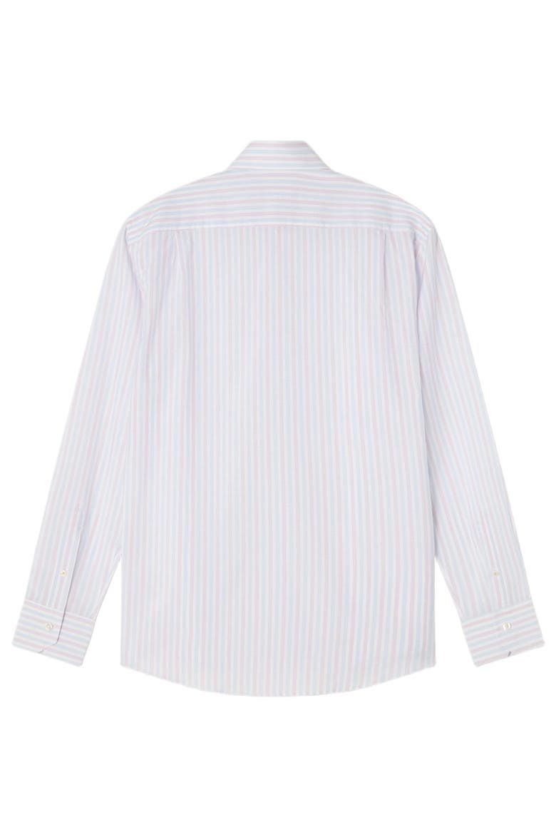 Reynolds Blue Multi Thin Stripe Cotton Linen Blend Shirt in Contemporary fit, Alternate, color, Raspberry