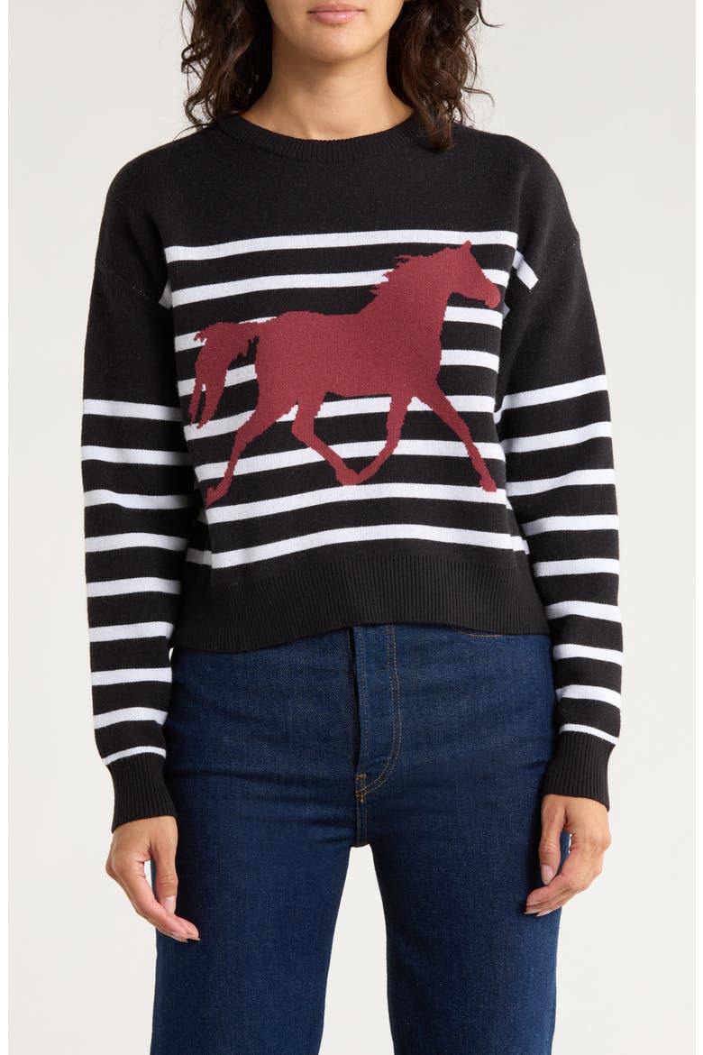 Stripe Horse Icon Crop Sweater, Main, color, BLACK COMBO