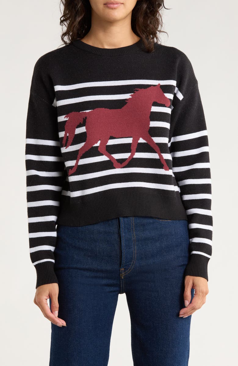 Vigoss Stripe Horse Icon Crop Sweater, Main, color, Black Combo