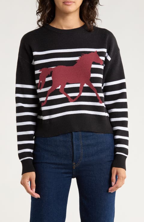 Stripe Horse Icon Crop Sweater