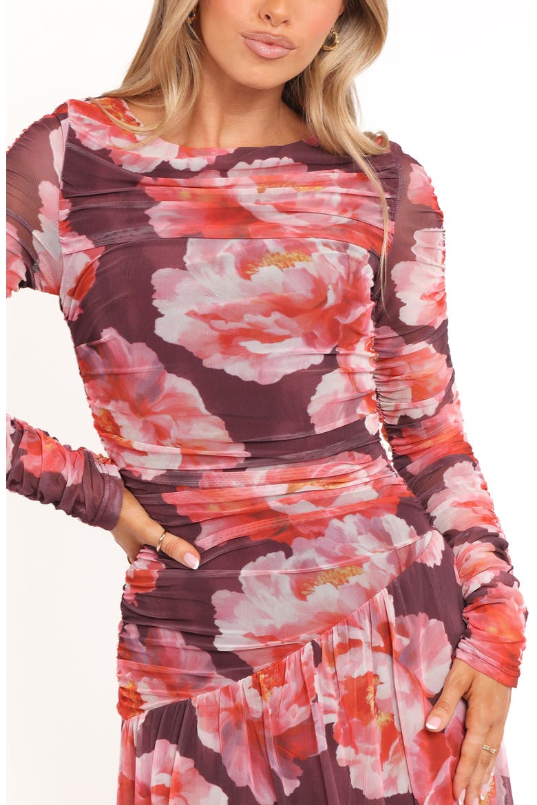 Calypso Floral Ruched Long Sleeve Mesh Maxi Dress, Alternate, color, BURGUNDY PEONY