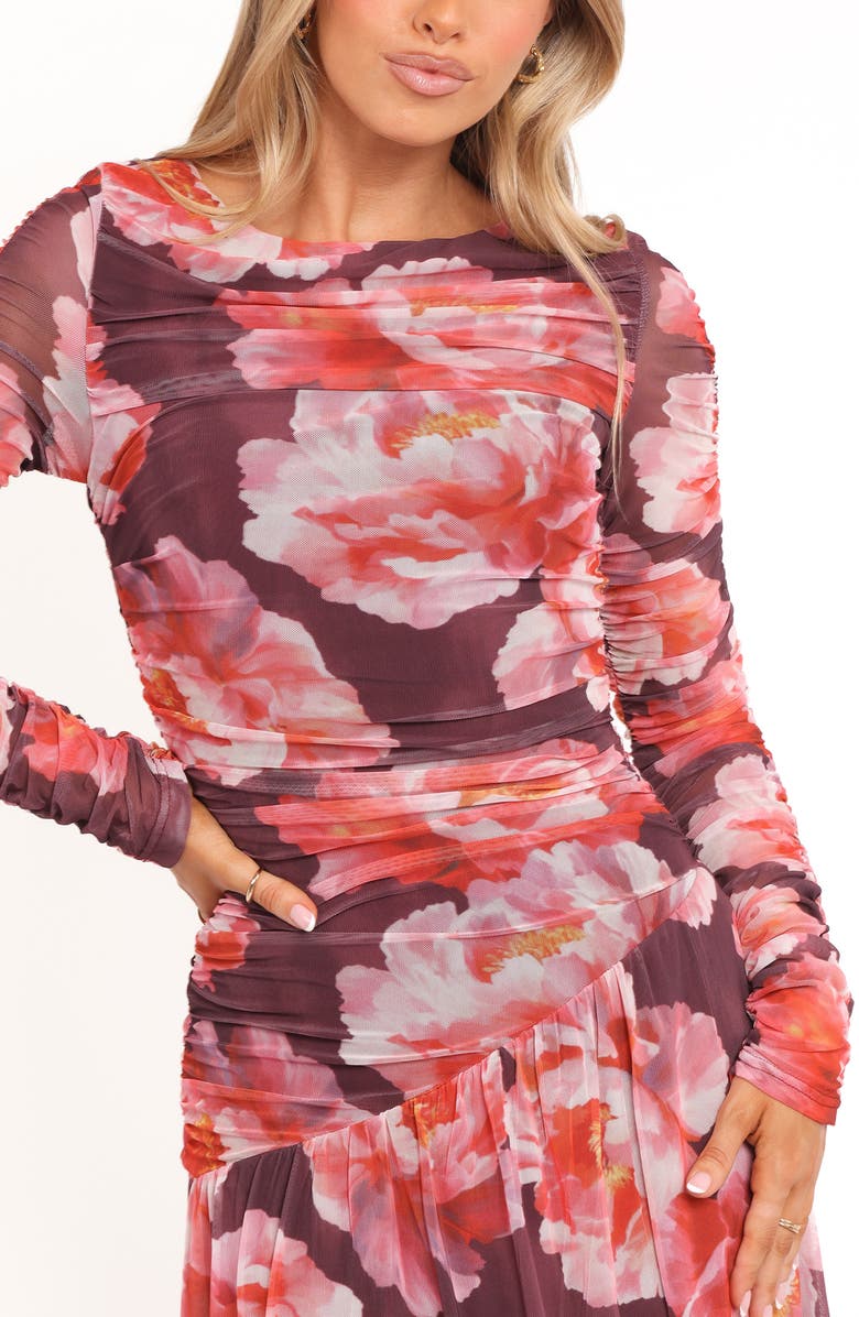 Petal & Pup Calypso Floral Ruched Long Sleeve Mesh Maxi Dress, Alternate, color, Burgundy Peony