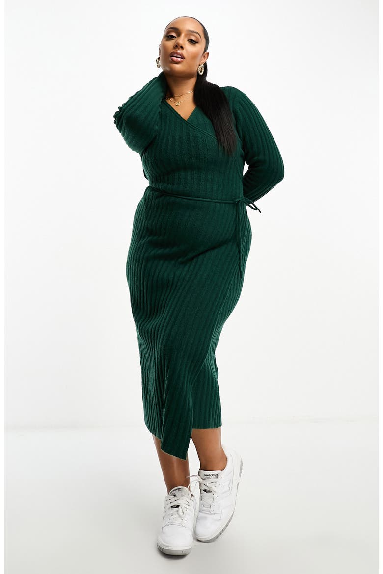 Curve Long Sleeve Midi Wrap Sweater Dress, Alternate, color, DARK GREEN