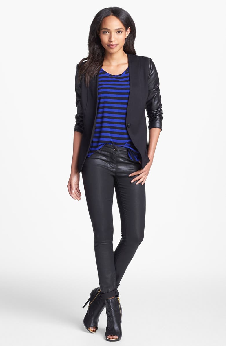 Vince Camuto Collarless Faux Leather Sleeve Jacket, Alternate, color, 