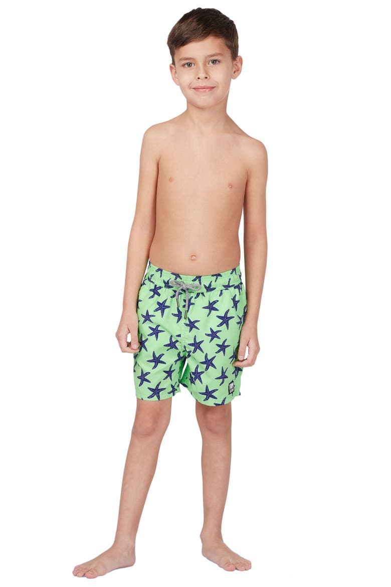 Kids' Starfish Print Swim Trunks, Alternate, color, PALE GREEN