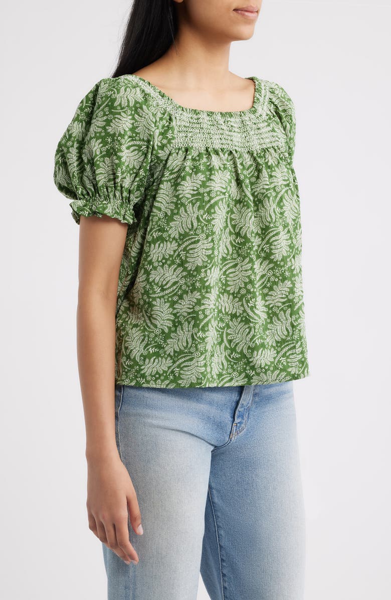 Bobeau Leaf Print Smocked Yoke Top, Alternate, color, Green Fern Floral
