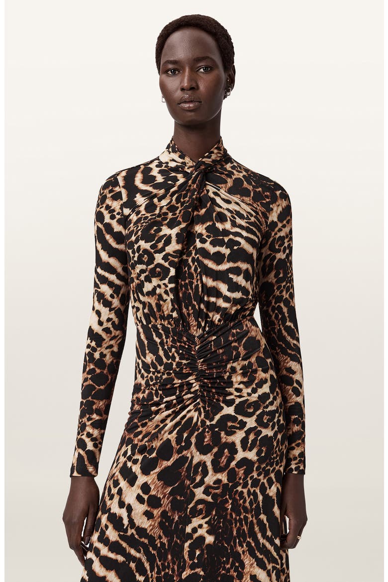 Mina Ruched Print Long Sleeve Maxi Dress, Alternate, color, PARDUS HONEY BROWN