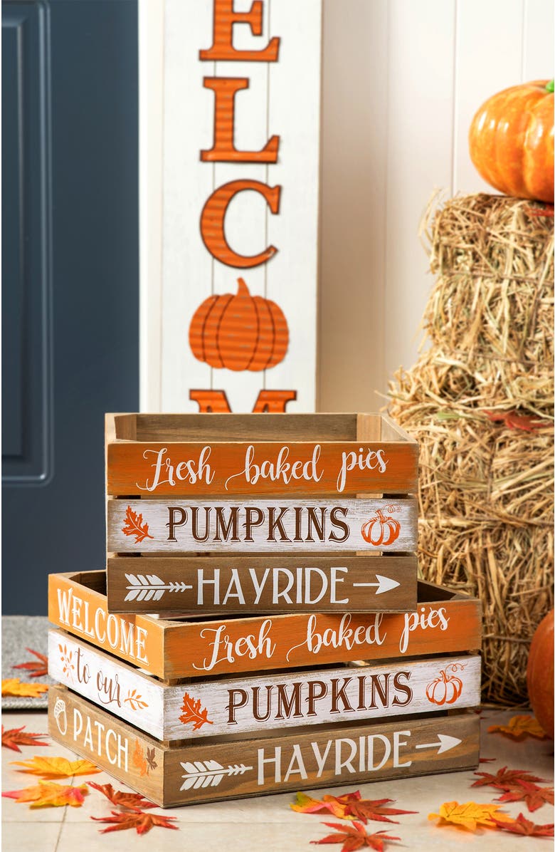 Glitzhome Set of 2 Wooden Pumpkin Crates Table Decor, Alternate, color, 