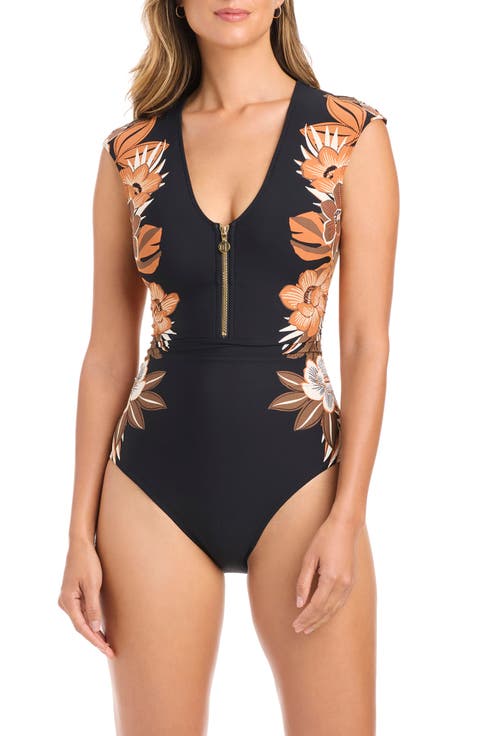 Cap Sleeve Half Zip One-Piece Swimsuit