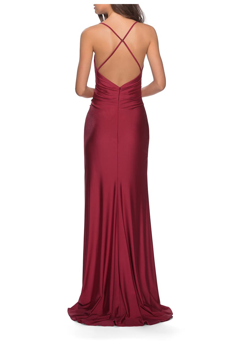 La Femme Long Homecoming Dress with Slit and Criss Cross Back, Alternate, color, Burgundy