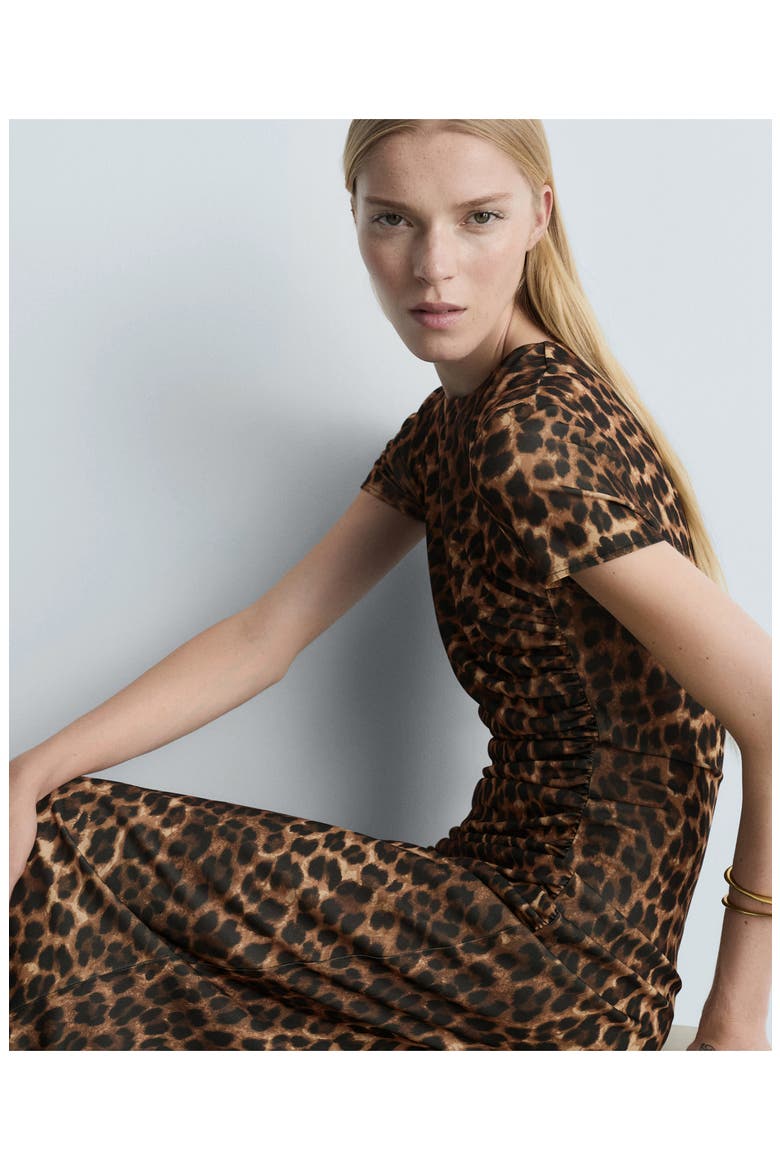 Leopard Print Side Ruched Dress, Alternate, color, BROWN