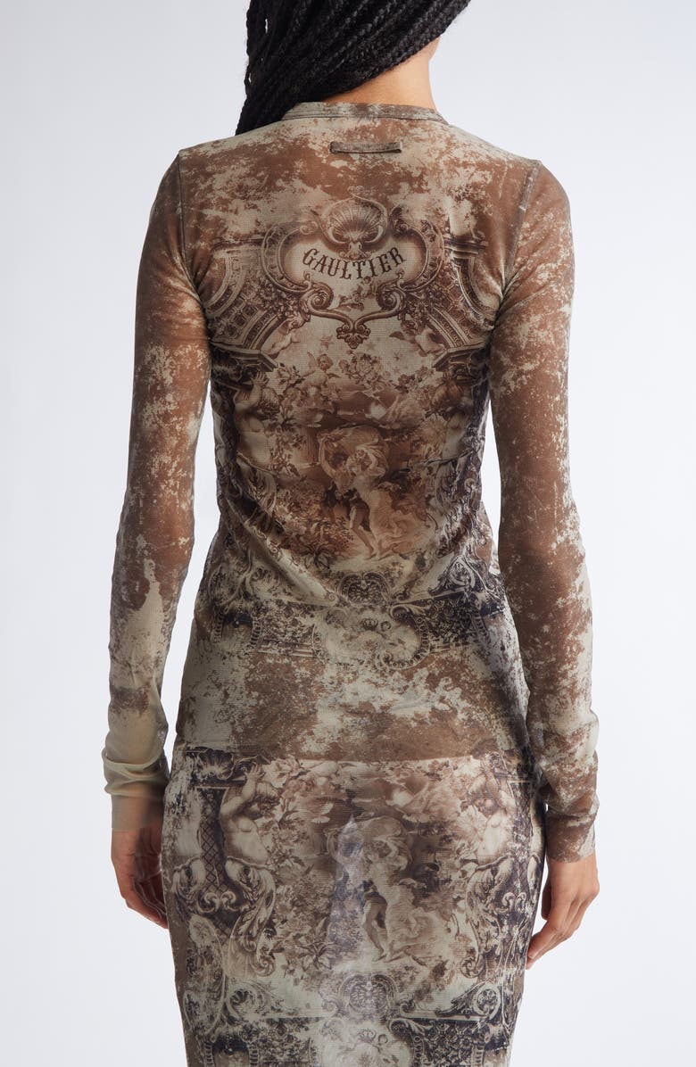 Jean Paul Gaultier Medallion Print Long Sleeve Mesh Top, Alternate, color, Light Beige/ Taupe