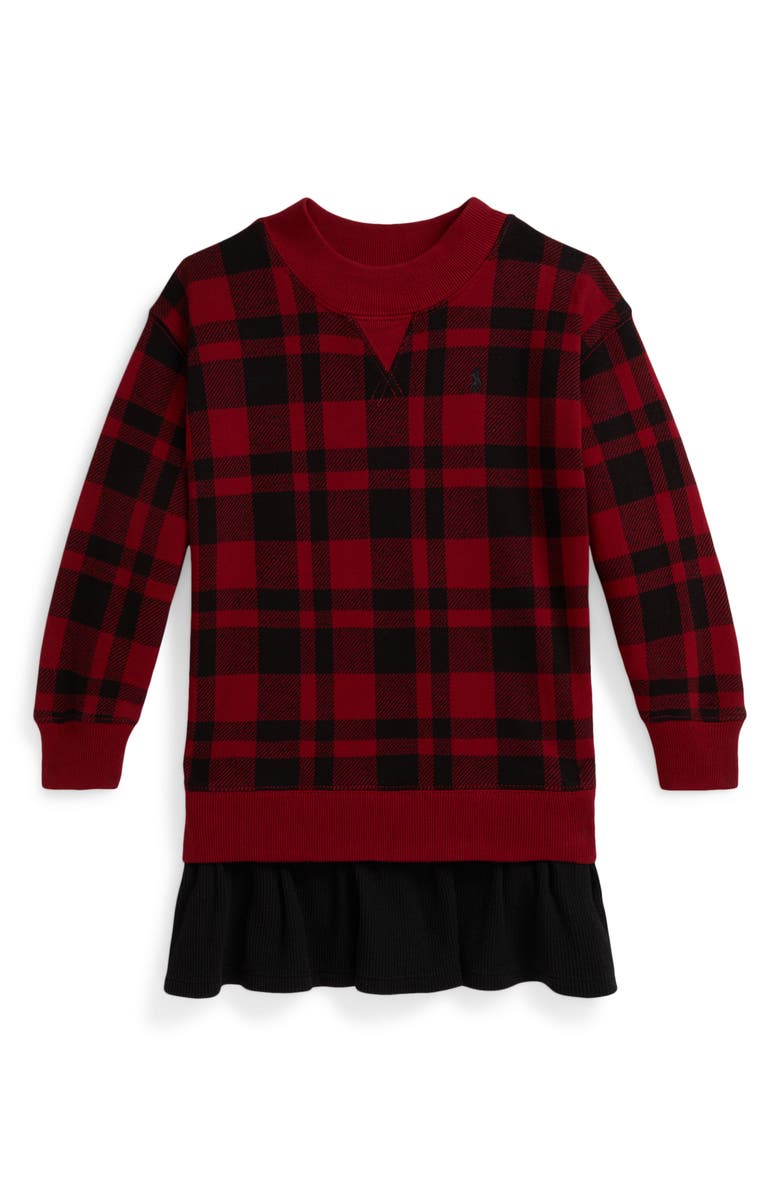 Polo Ralph Lauren Kids' Buffalo Check Long Sleeve Fleece Dress, Main, color, Edged Overcheck Holiday Red