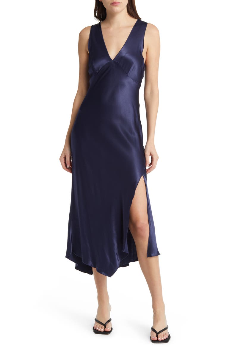 Monique Sleeveless Asymmetric Hem Satin Dress, Main, color, NAVY