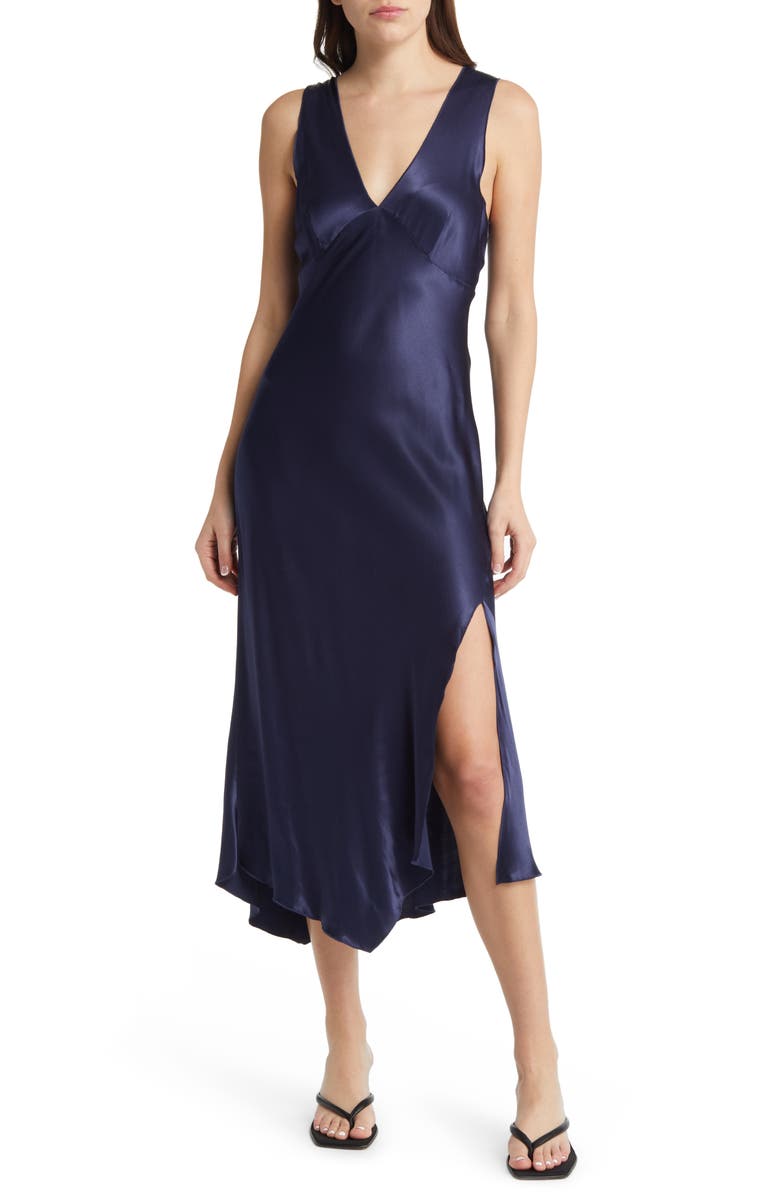 Rails Monique Sleeveless Asymmetric Hem Satin Dress, Main, color, Navy