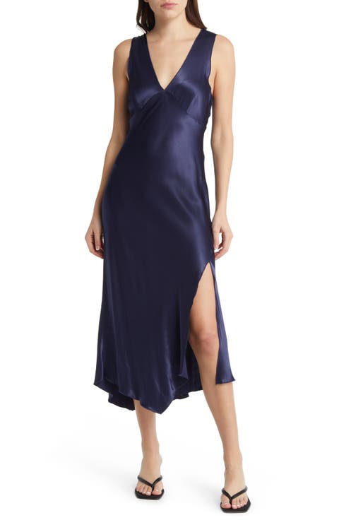 Monique Sleeveless Asymmetric Hem Satin Dress