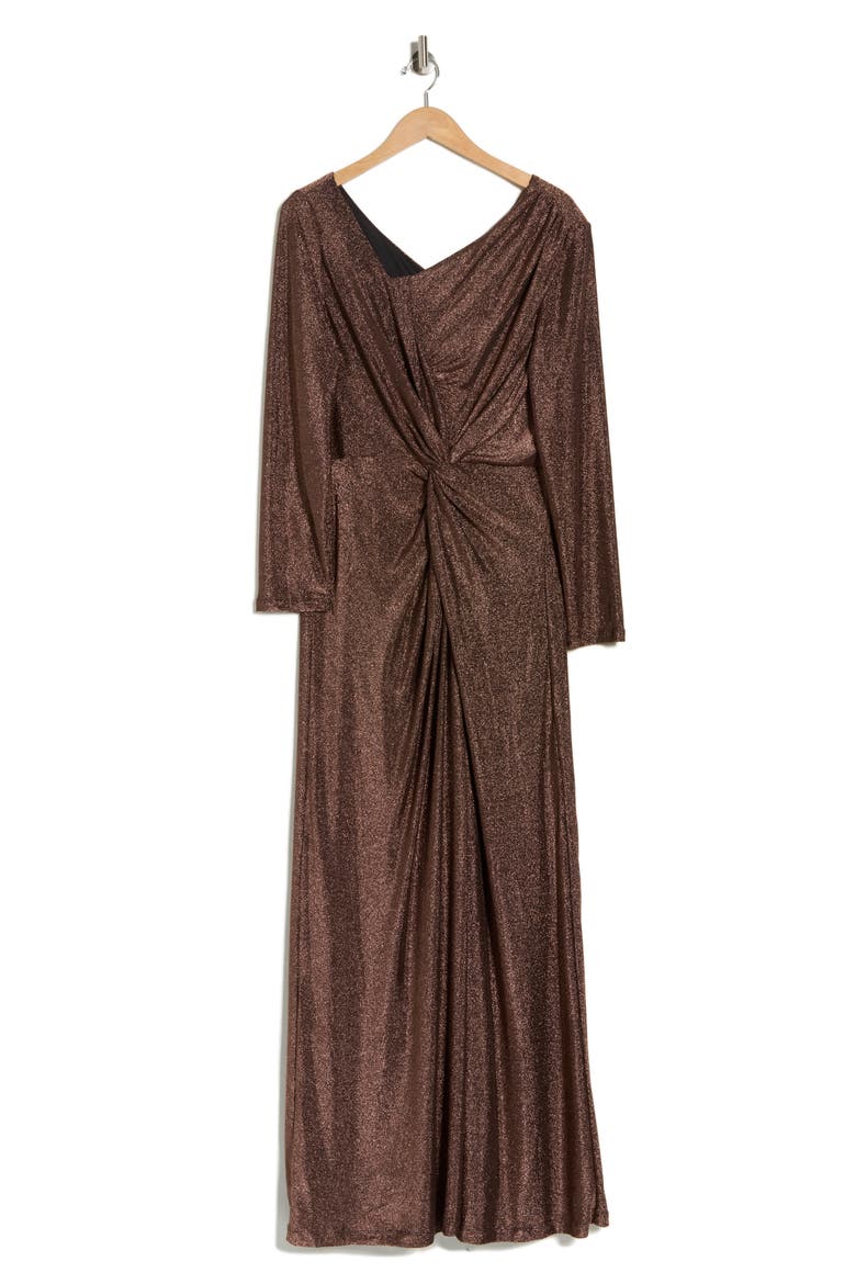 Knotted Front Long Sleeve Gown, Alternate, color, BLACK/ COPPER
