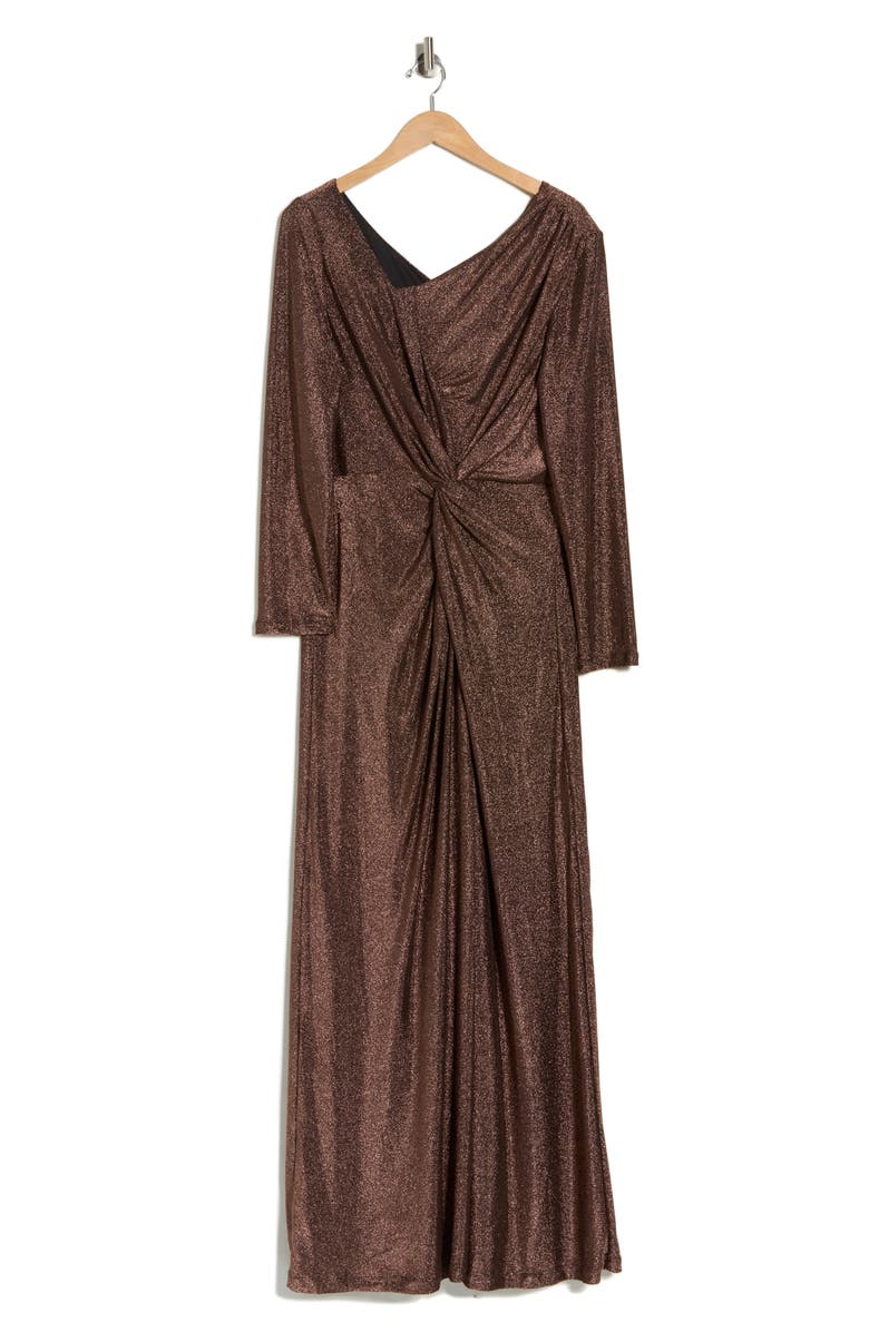 DKNY Knotted Front Long Sleeve Gown, Main, color, Black/ Copper