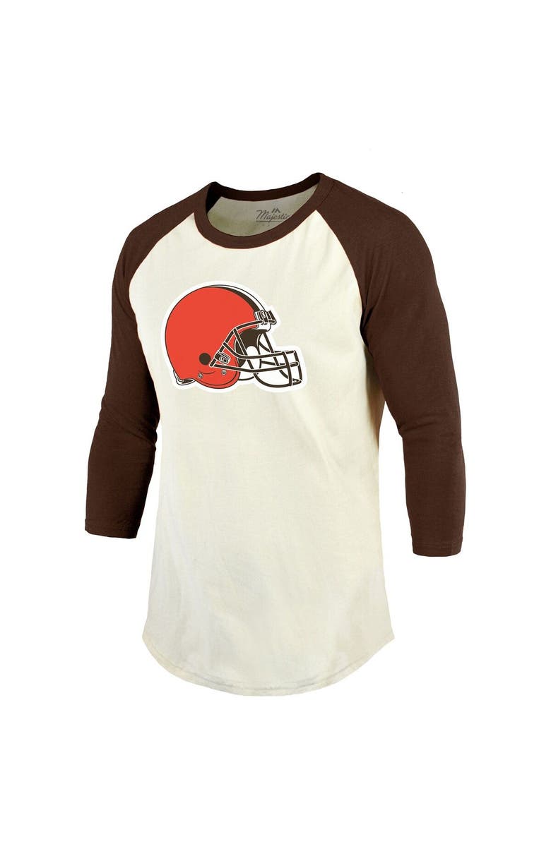 Majestic Threads Men's Majestic Threads Nick Chubb Cream/Brown Cleveland Browns Vintage Player Name & Number 3/4-Sleeve Fitted T-Shirt, Alternate, color,