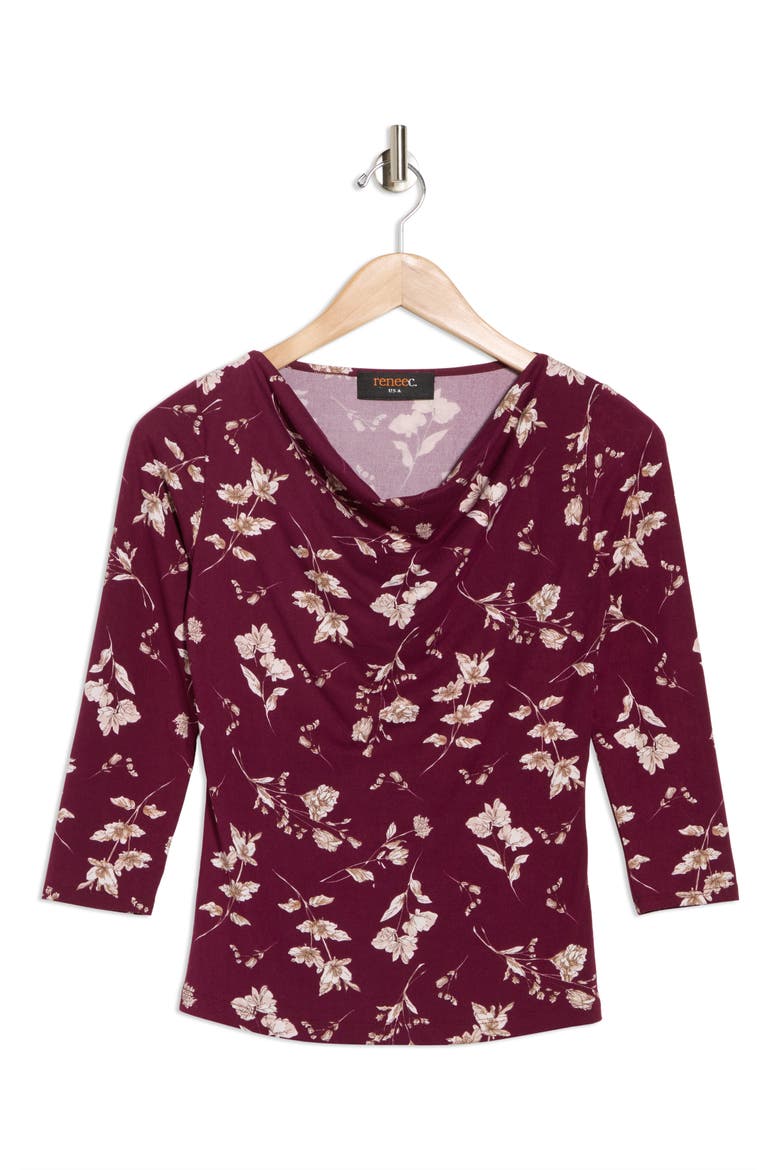 Floral Cowl Neck Jersey Top, Alternate, color, BURGUNDY
