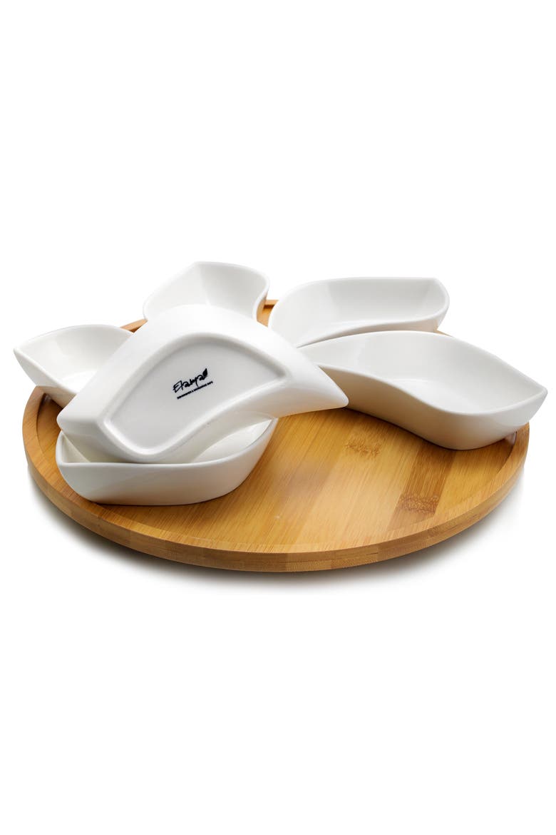 Modern 13.5 Inch 7pc Lazy Susan Appetizer and Condiment Server Set with 6 Unique Design Serving Dishes and a Wood Lazy Suzan Serving Tray, Alternate, color, White