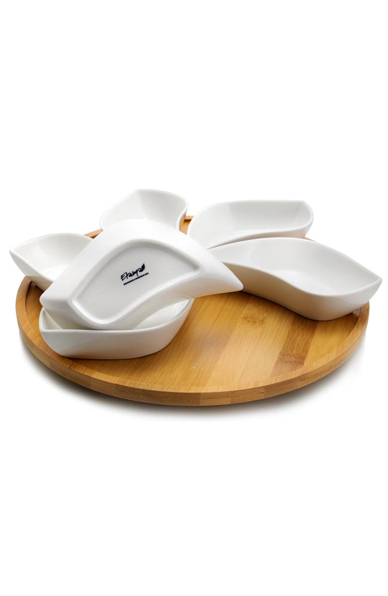 Elama Signature Modern 13.5 Inch 7pc Lazy Susan Appetizer and Condiment Server Set with 6 Unique Design Serving Dishes and a Wood Lazy Suzan Serving Tray, Alternate, color, White