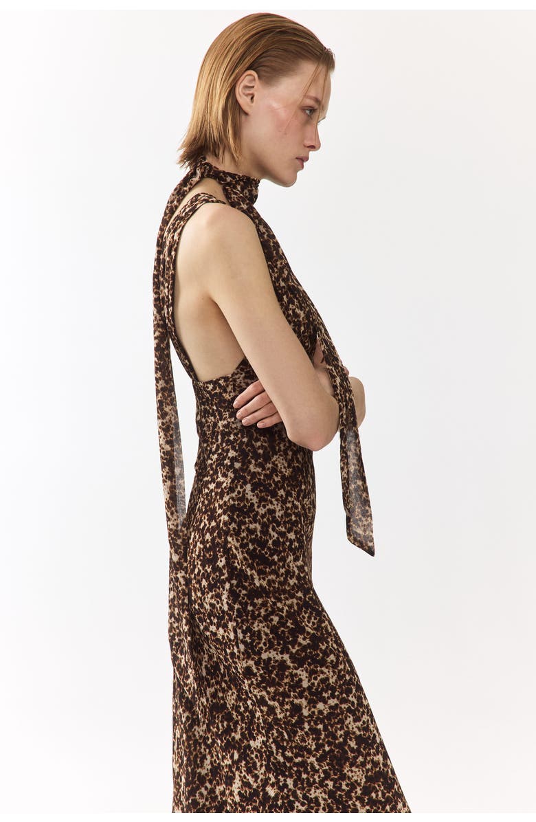 H&M Scarf-detail Chiffon Dress, Alternate, color, Dark Brown/Patterned