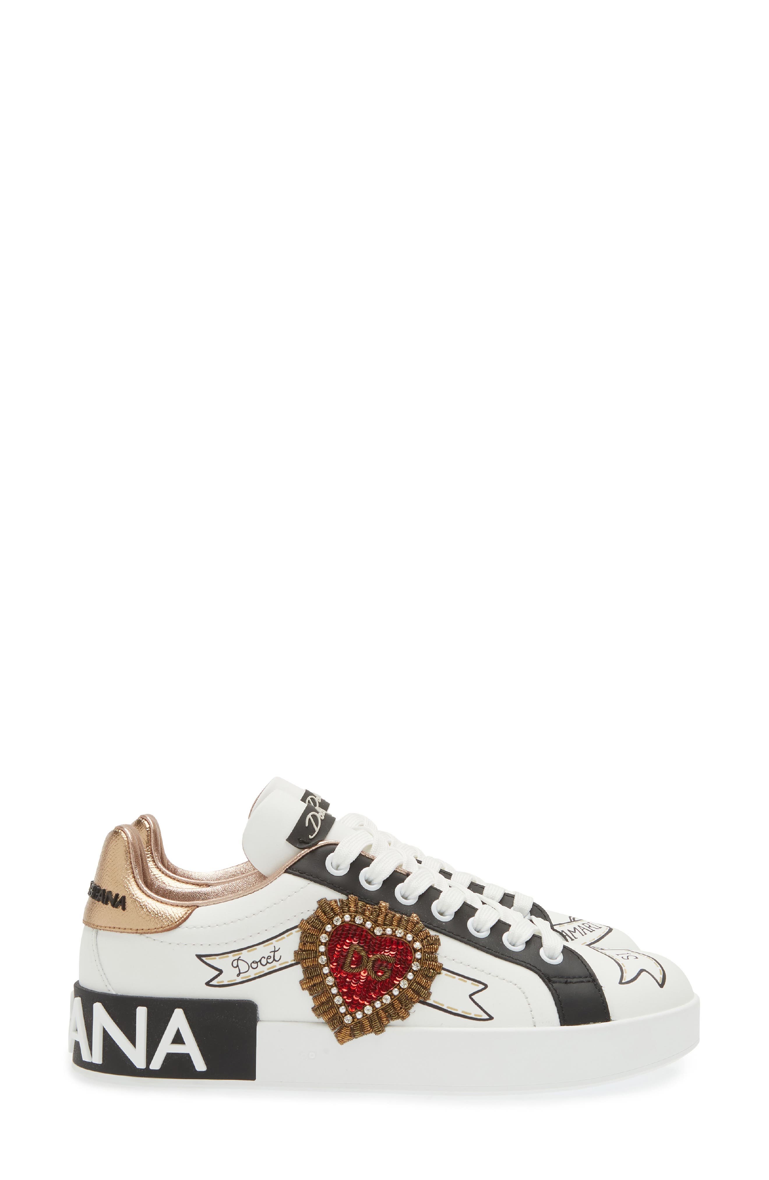 Dolce&Gabbana Portofino Embellished Leather Sneaker, Alternate, color, Embroidery- White/ Gold