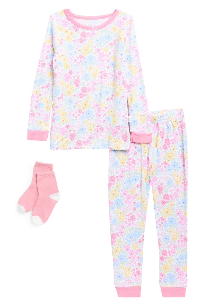 Kids' Floral Fitted Two-Piece Pajamas & Socks Set, Main, color, PINK