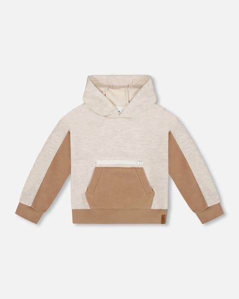 French Terry Color Block Pullover Hoodie Beige And Off-White
