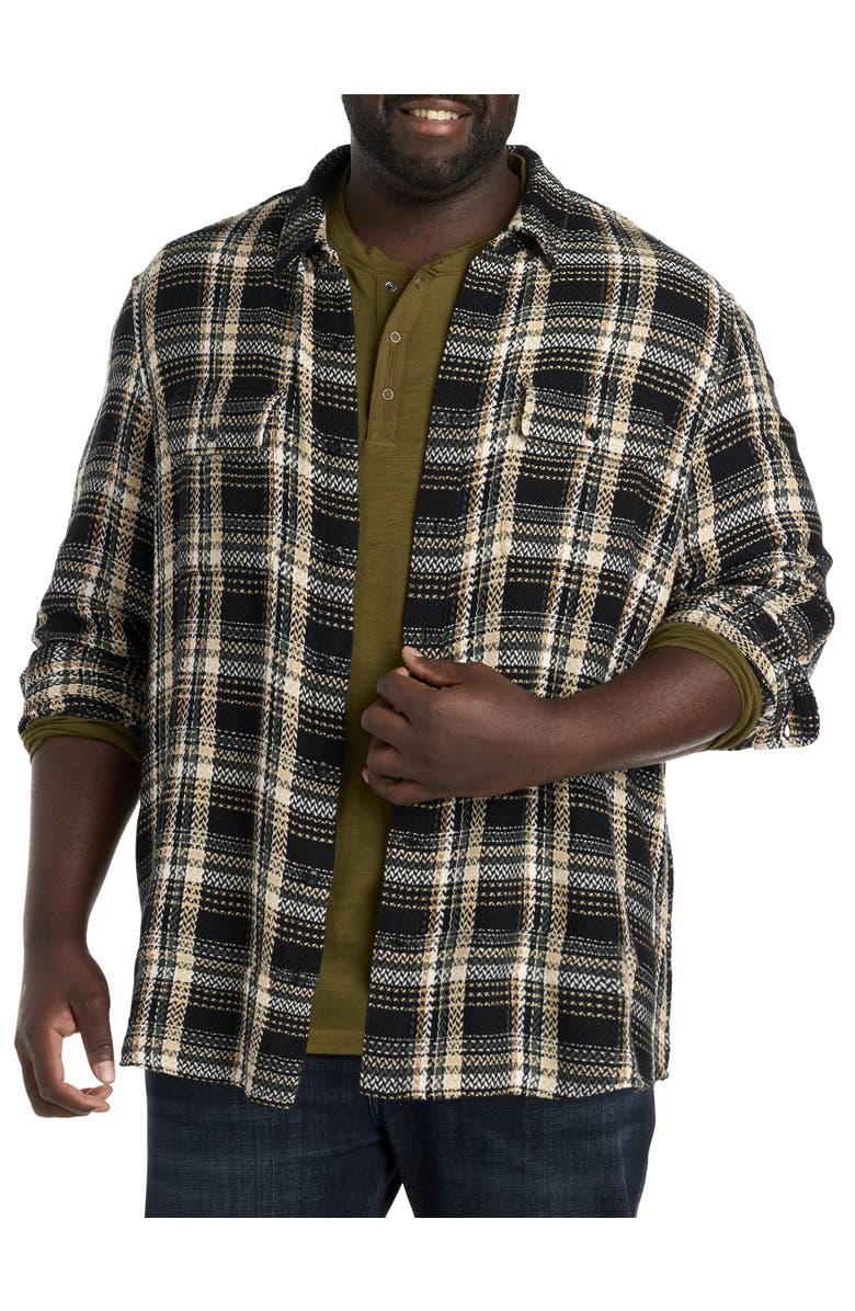 Lucky Brand Big & Tall Herringbone Textured Plaid Sport Shirt, Main, color, Black
