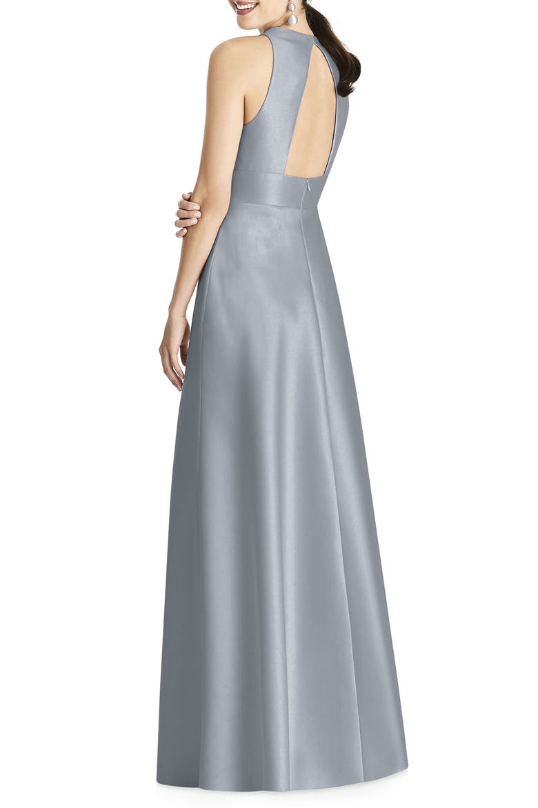 Cutout Back Satin A-Line Gown, Alternate, color, PLATINUM