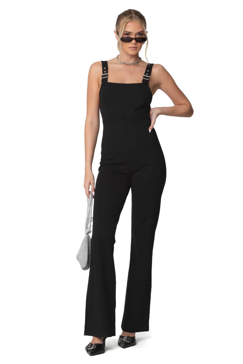 Bianka Buckle Strap Flare Jumpsuit, Alternate, color, BLACK