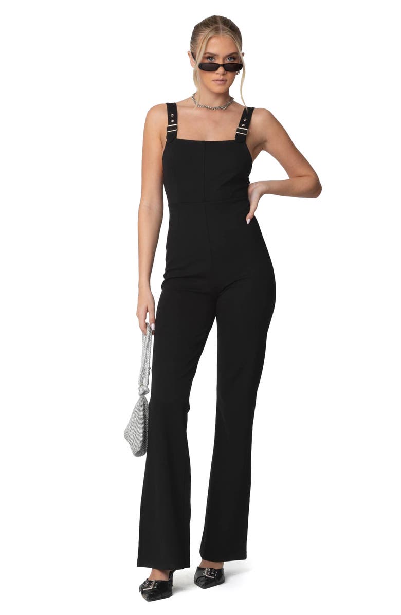 EDIKTED Bianka Buckle Strap Flare Jumpsuit, Alternate, color, Black
