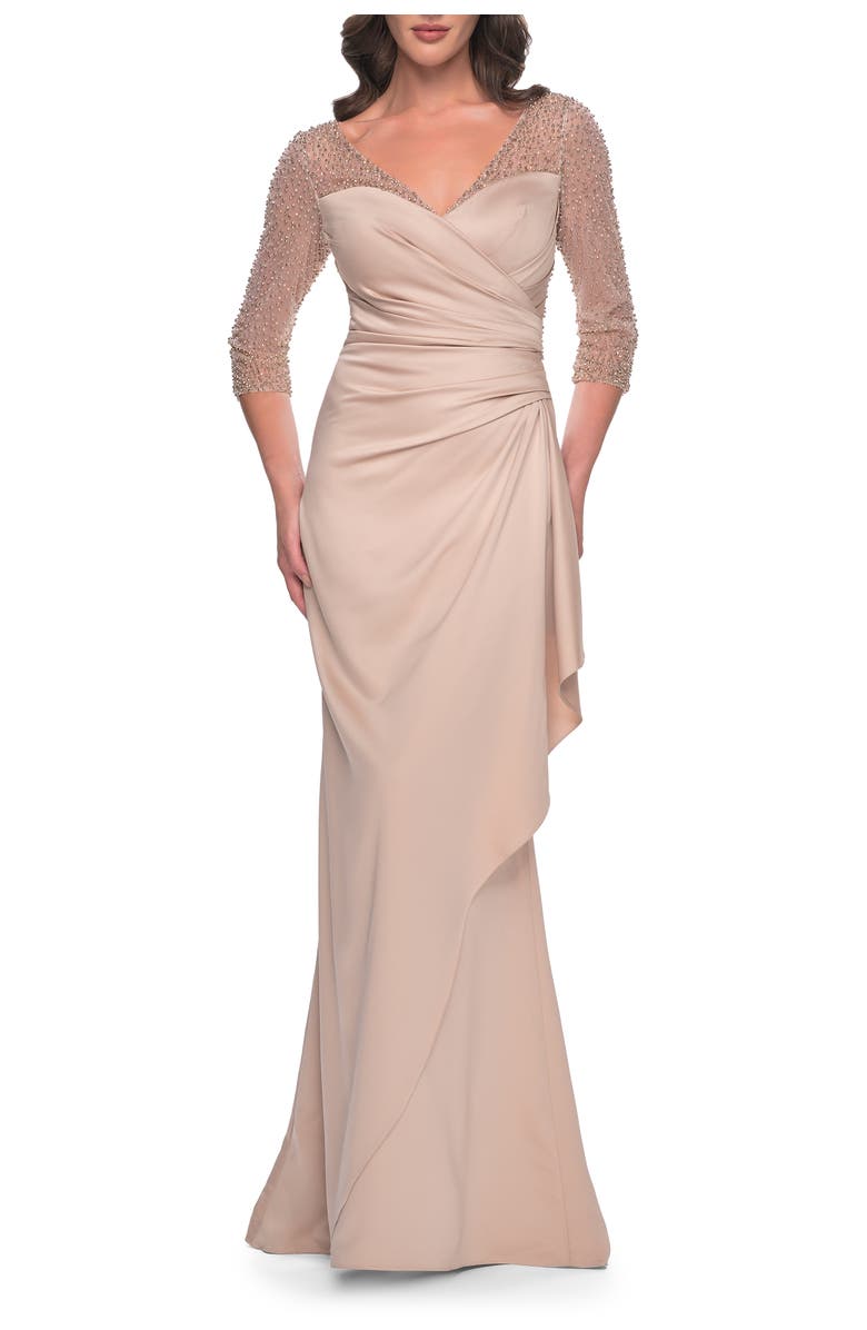 La Femme Stunning Satin Dress with Gathered Waist and Beaded Illusion Sleeves, Main, color, Champagne